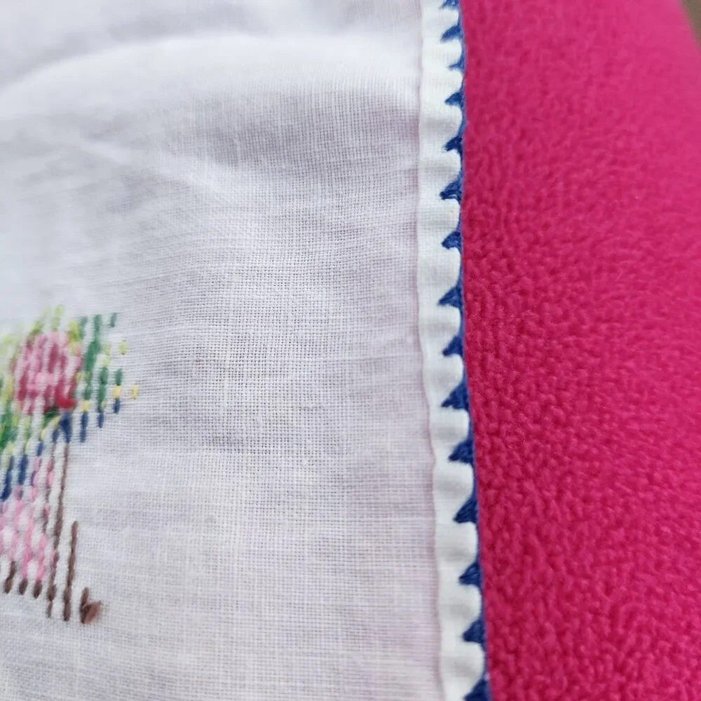 2 Vintage Cotton Handkerchief Hankie Embroidered Cross Stitch w/Flower Bouquet